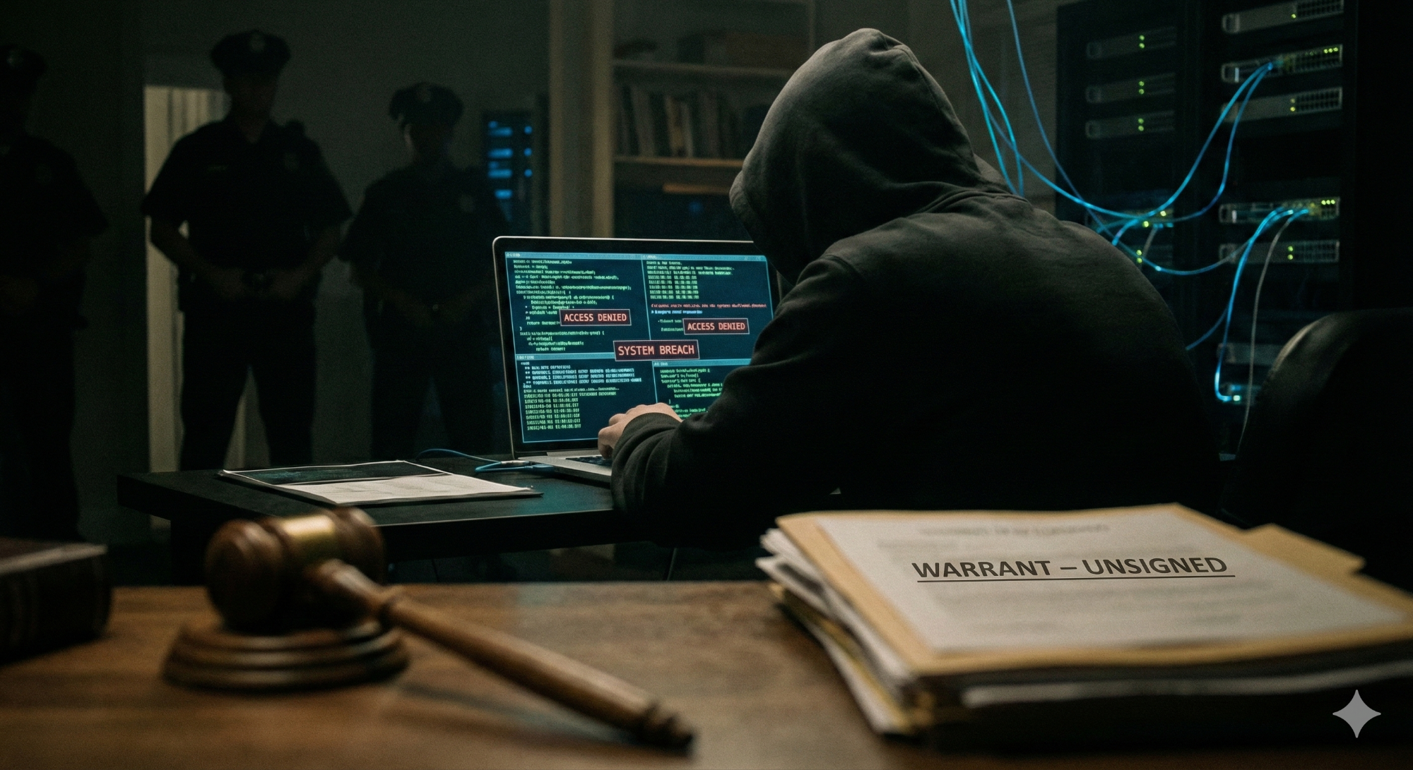 Investigative illustration showing warrantless digital surveillance and law enforcement access to computer systems