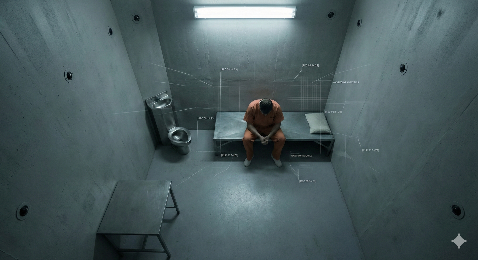 Institutional detention corridor illustrating conditions of confinement and surveillance context