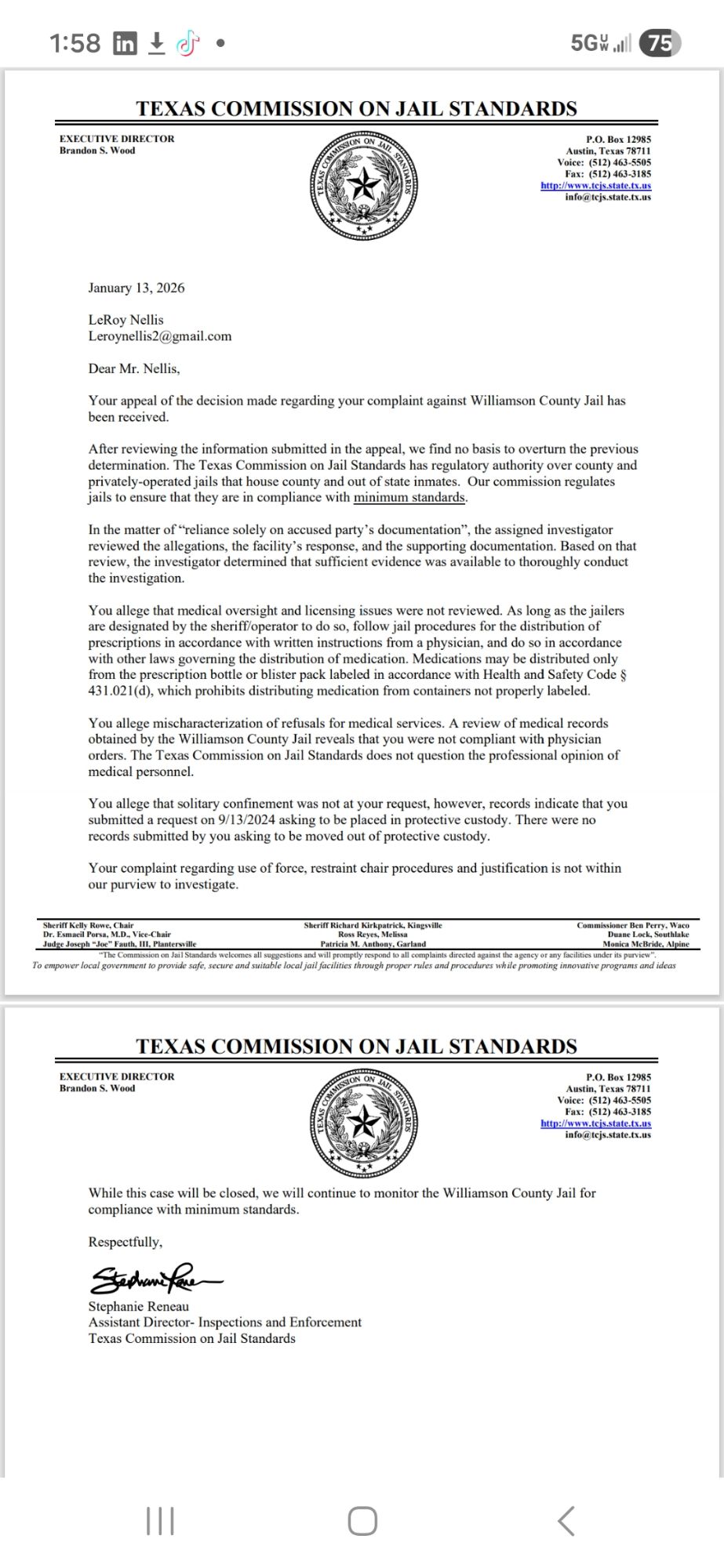 Screenshot of Texas Commission on Jail Standards correspondence acknowledging receipt of an appeal and declining to reopen Complaint #43888 regarding Williamson County Jail